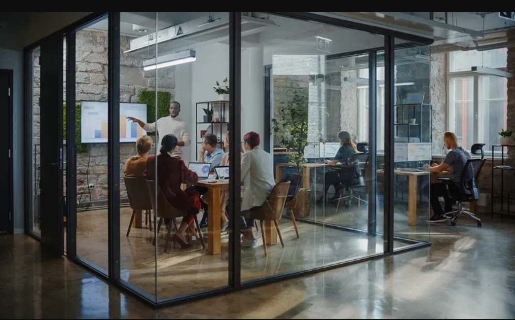 Presentation in a glass-walled meeting room.